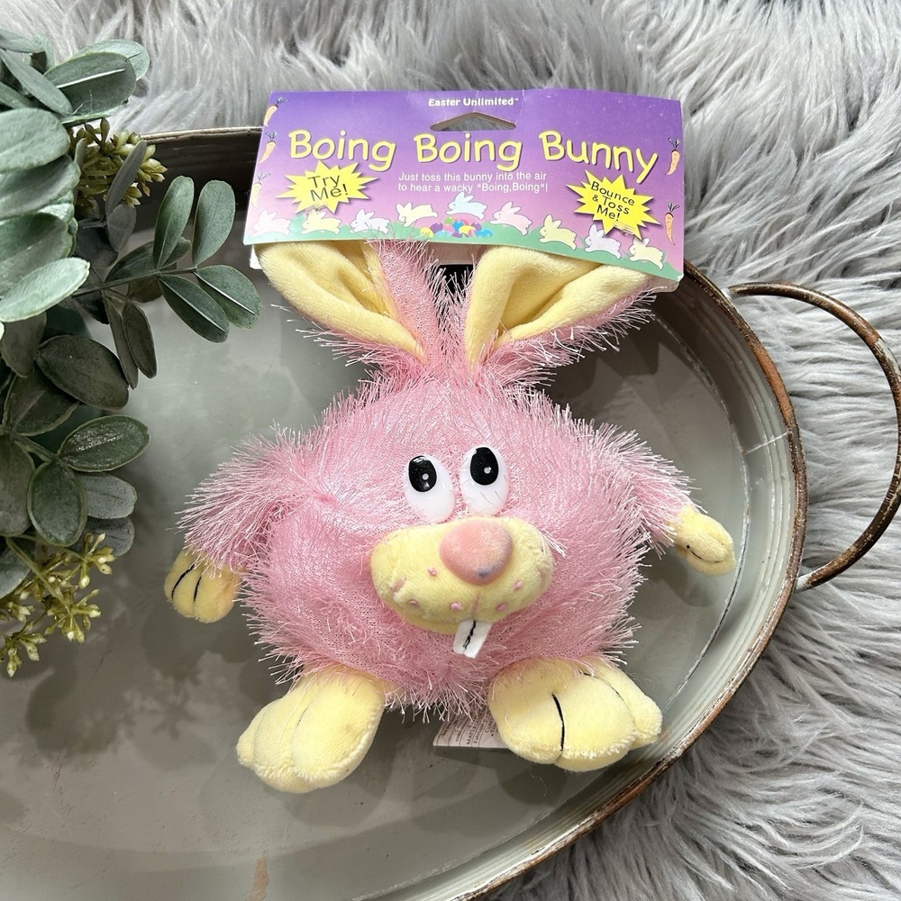 Vtg‎ Easter Unlmtd Round Silly Makes BOING Sound Yellow/Pink Easter Bunny Plush
